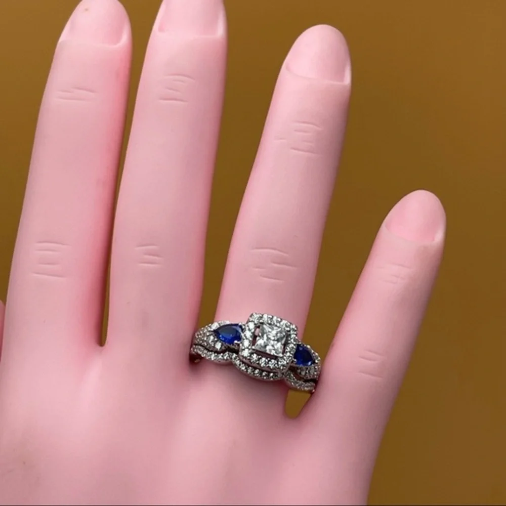 925 Sterling Silver‎ Diamond Sapphire 2 Band Wedding Bridal Engagement Ri…